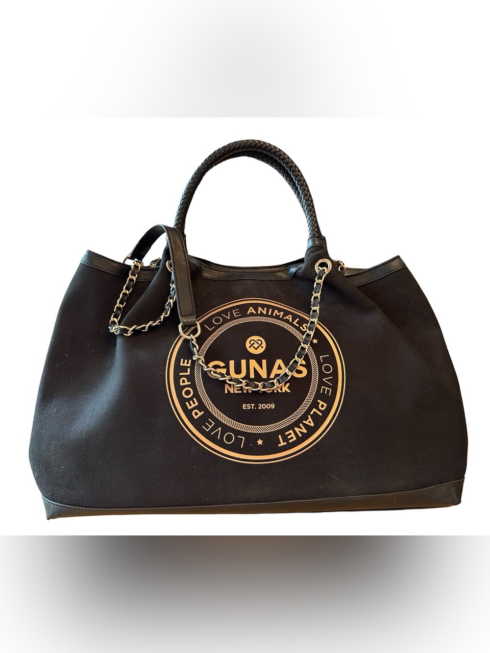 NWOT Gunas New York “Ruth” Double Handle Black Vegan Canvas Tote - Picture 6 of 9